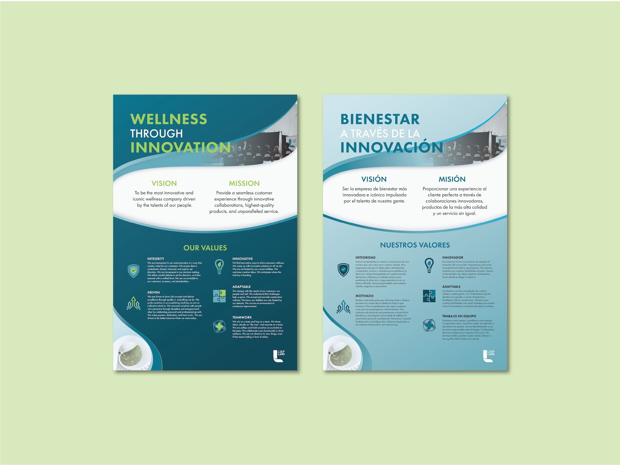 Lief Labs vision, mission, and values posters — English and Spanish