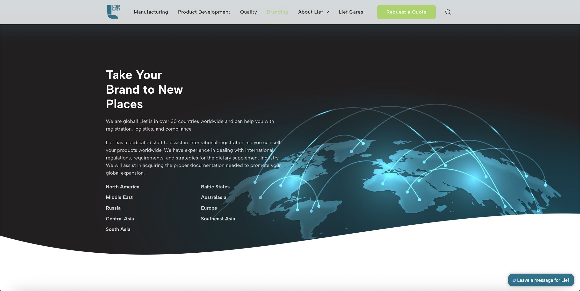The Lief Labs international page — varied teals, gradients, and line-art world map in the new visual style