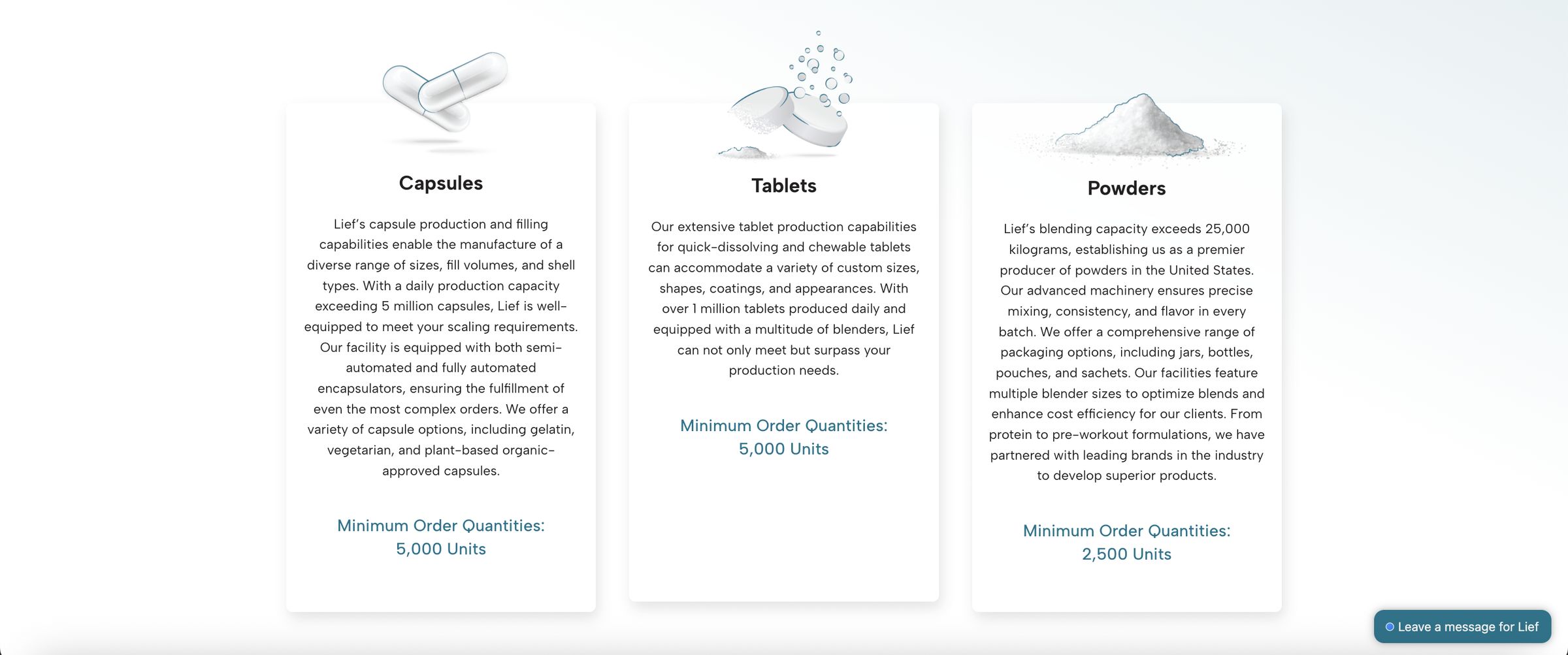 Lief Labs Manufacturing page — delivery formats with line-art illustration