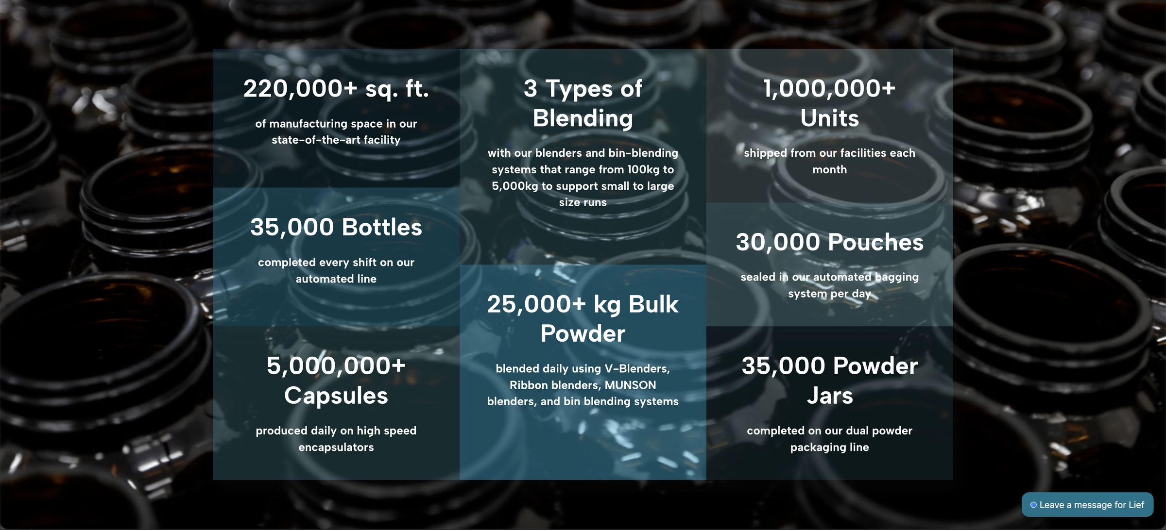 Lief Labs Manufacturing page — capability metrics in the new visual style