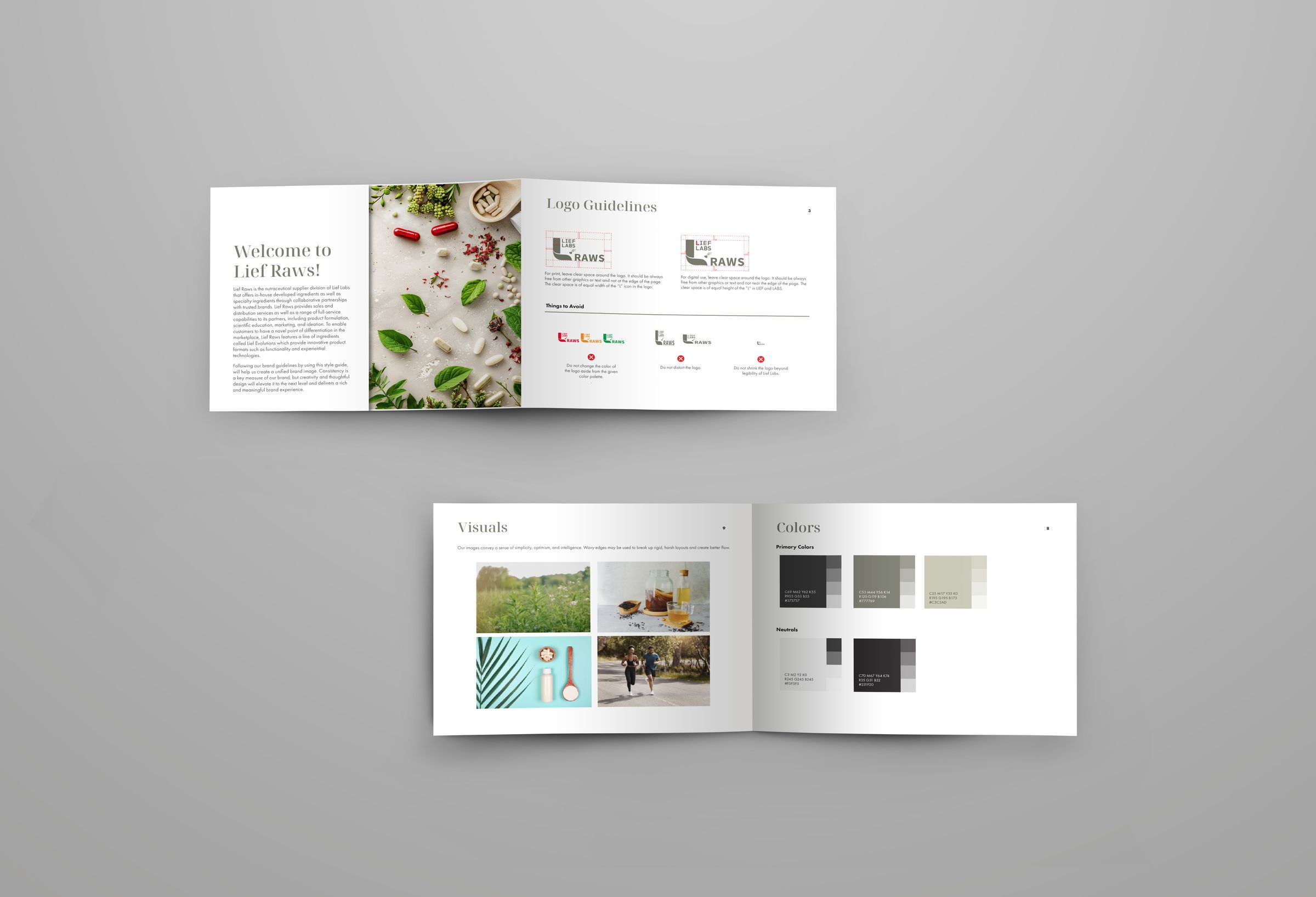 The Lief Raws brand style guide — open spread, front and back