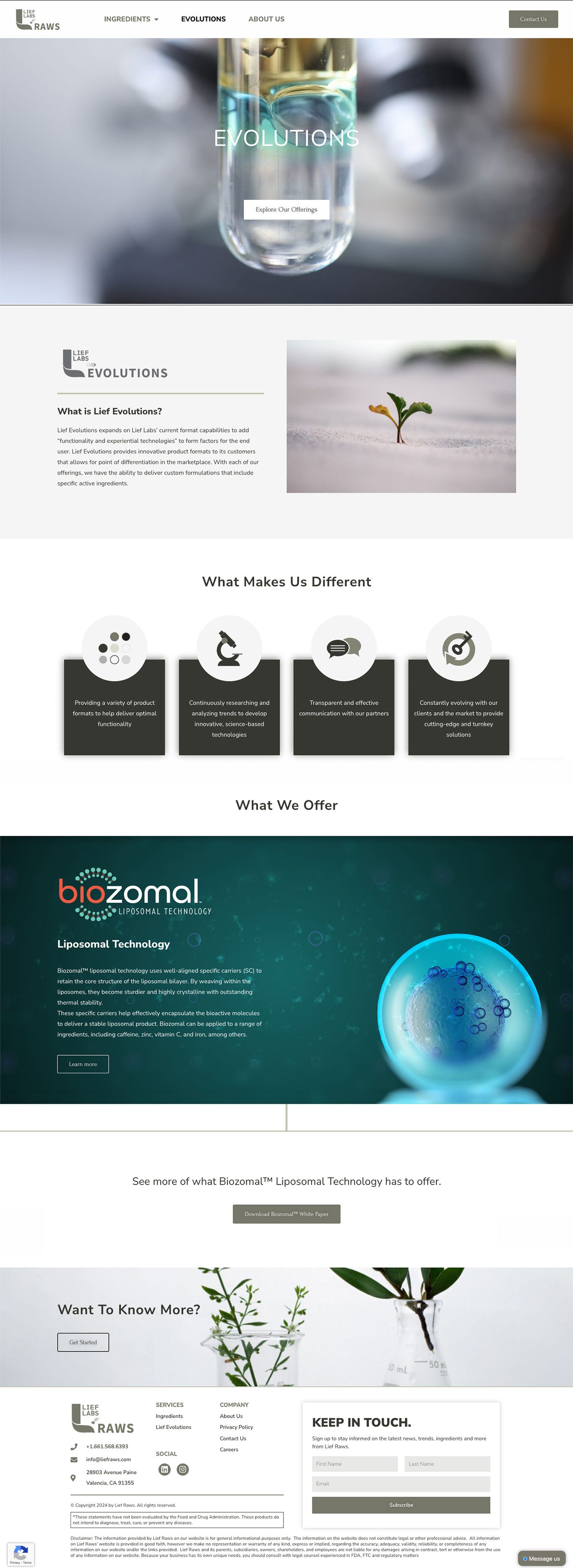 The Lief Raws website — Evolutions page, brand statement and sales resource in one surface