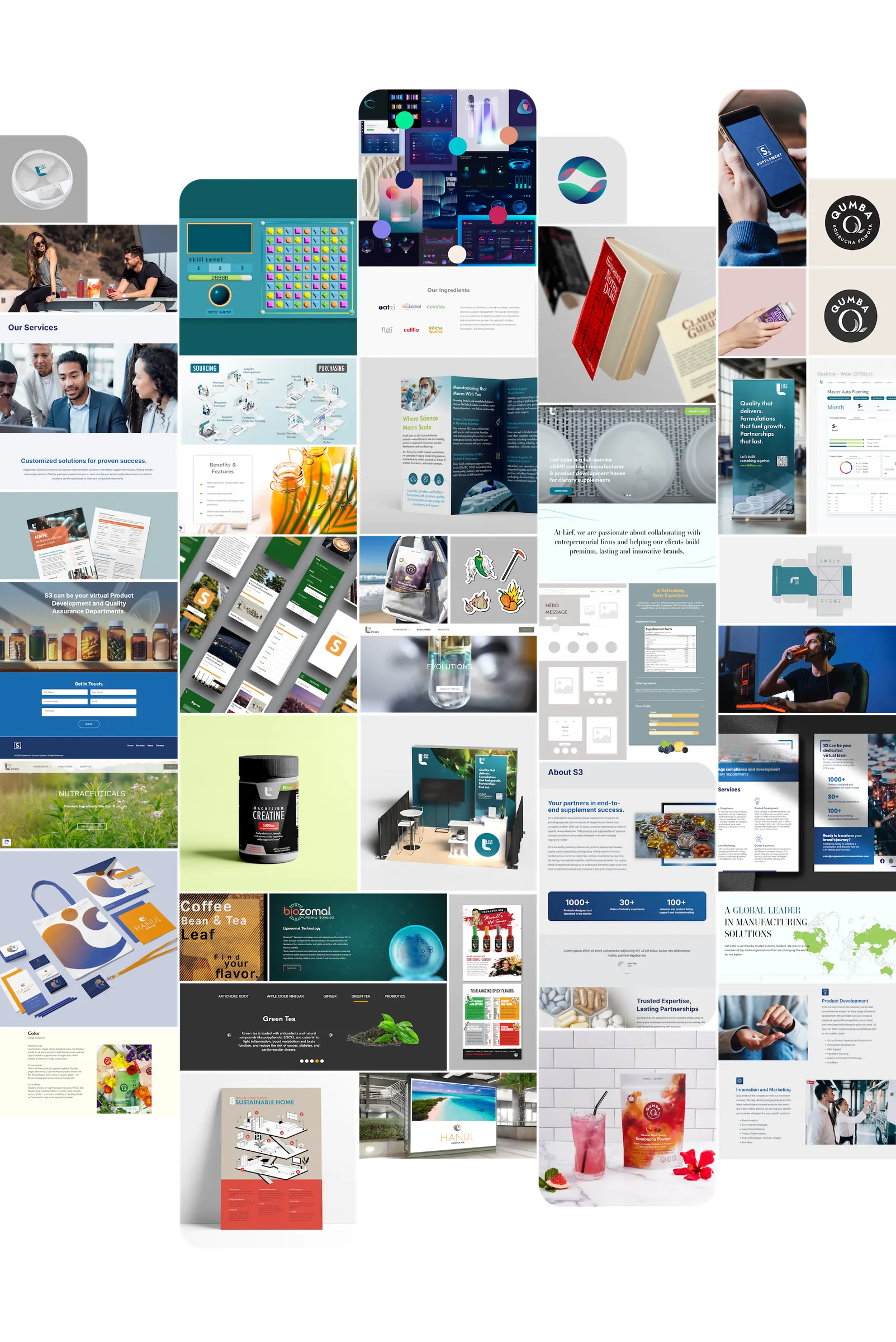 A grid of selected projects — brand, packaging, web, and campaign work