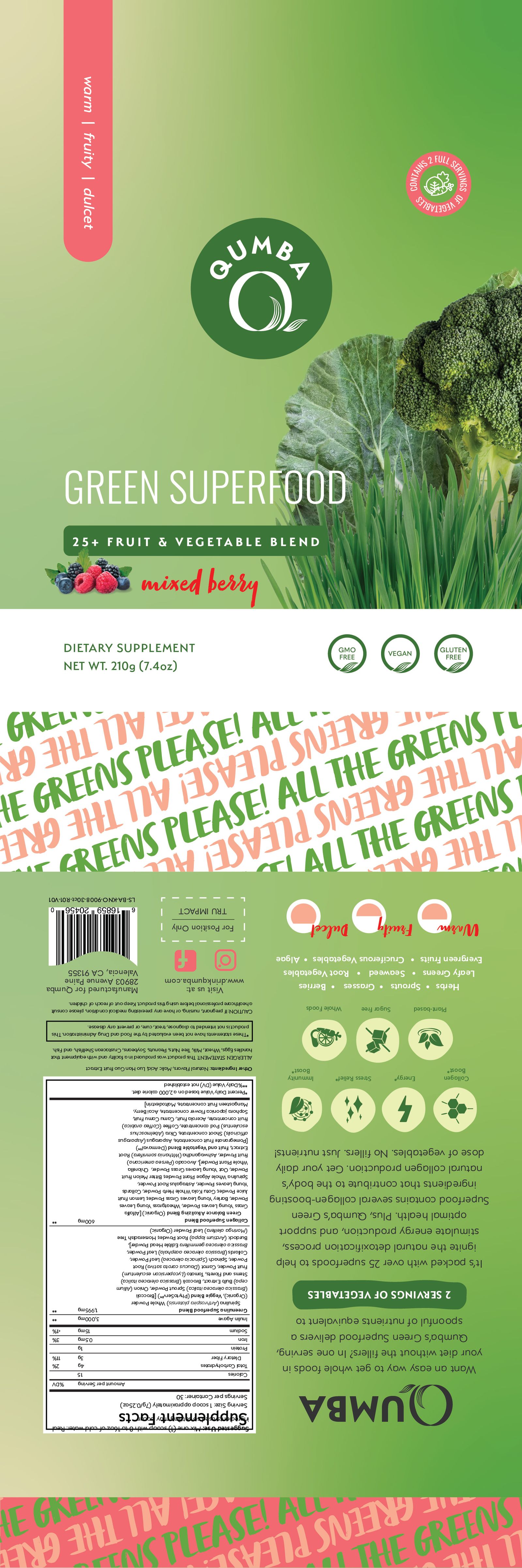 Qumba Green Superfood flat label artwork — mixed berry