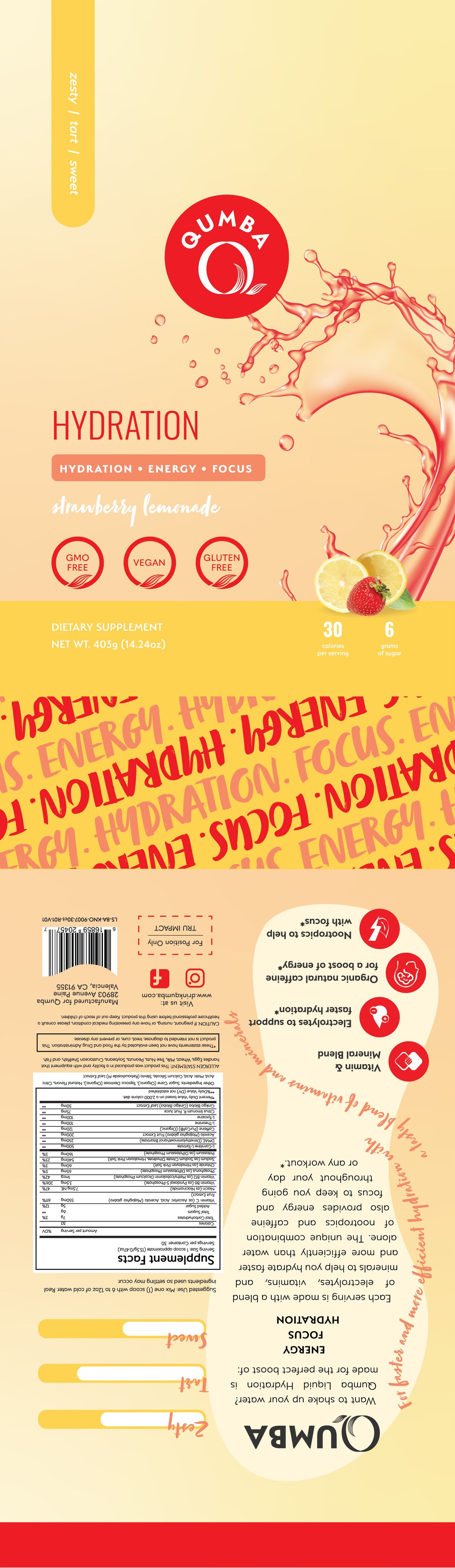 Qumba Hydration flat label artwork — strawberry lemonade