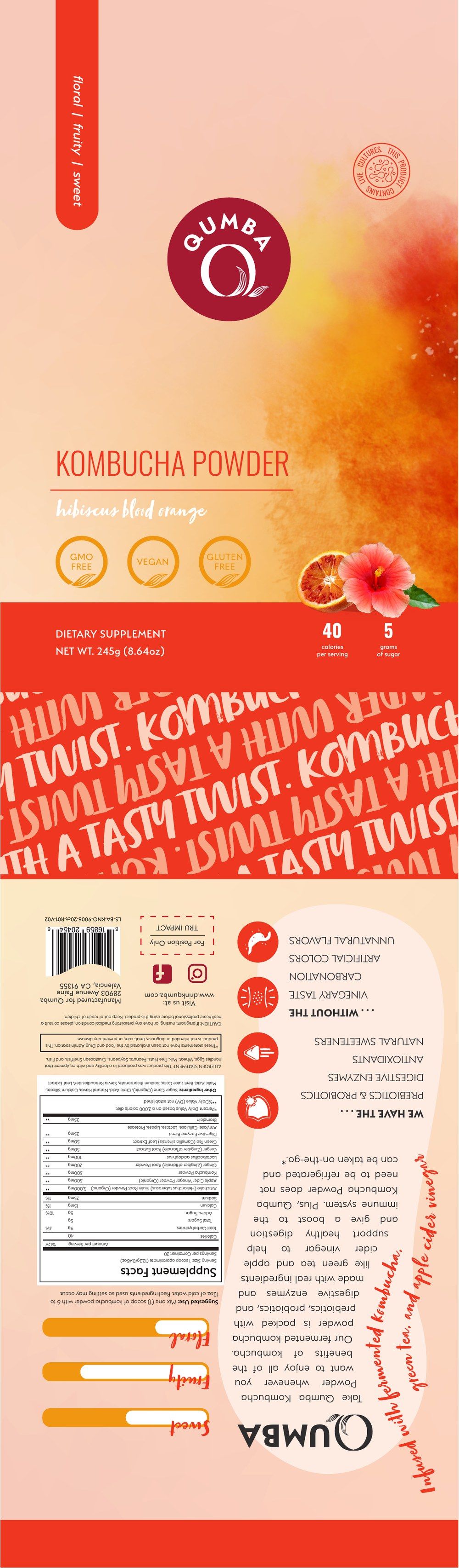 Qumba Kombucha Powder flat label artwork — hibiscus blood orange