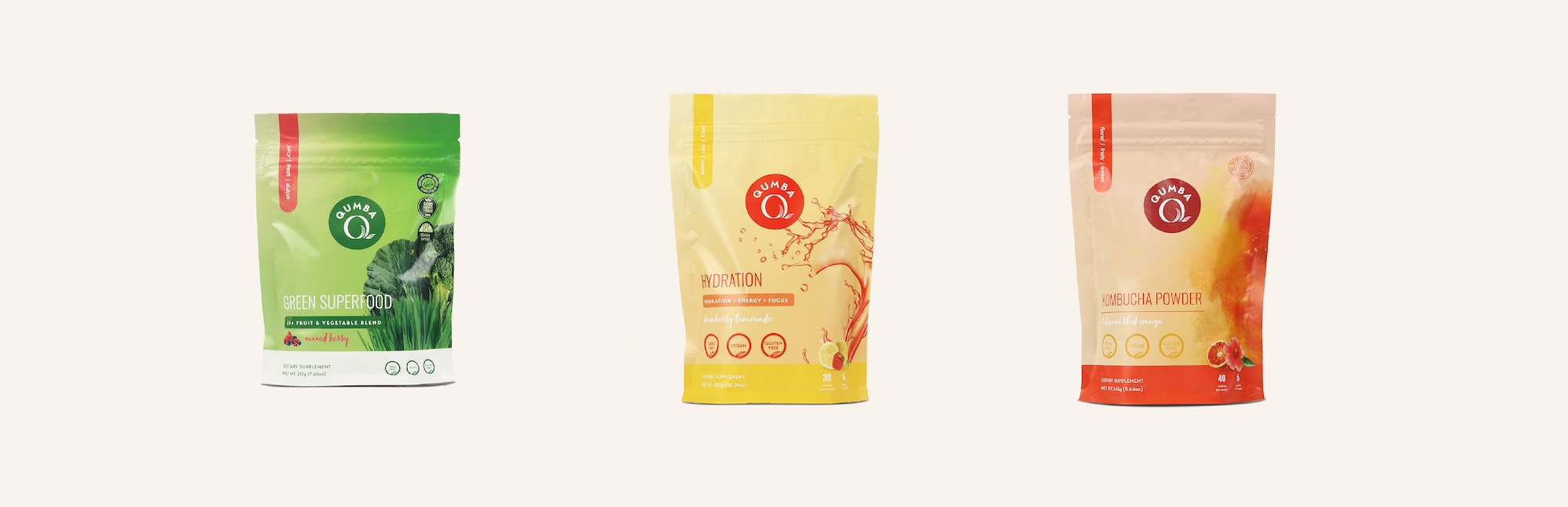 Qumba new product packaging — Green Superfood, Hydration, and Kombucha Powder