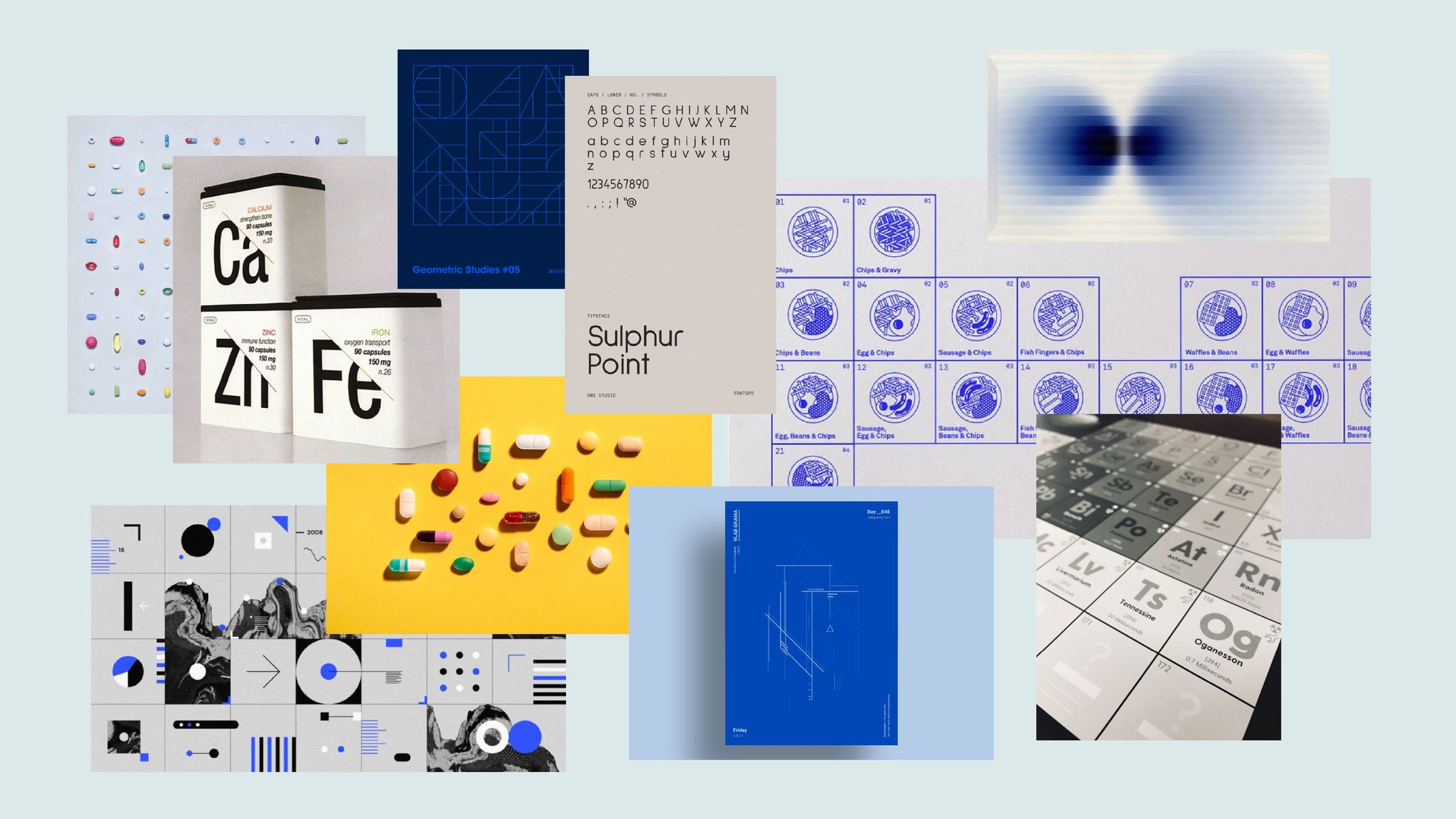 S3 moodboard — periodic-table grids, pharmaceutical neutrals, and deep blues